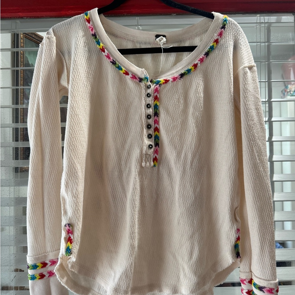 FREE PEOPLE We The Free Embroidered Cream Thermal Top